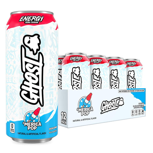 GHOST 고스트 메리카 팝 에너지 드링크 — 473mL (16 fl oz) × 12캔