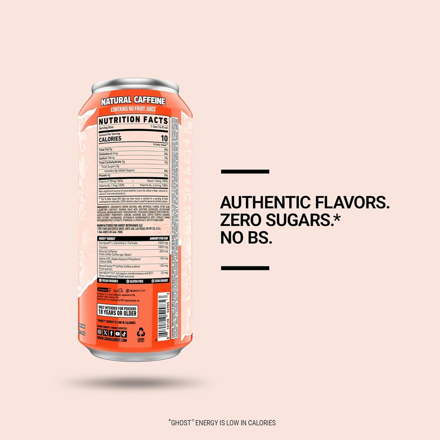 GHOST Peaches Energy Drink — 16 fl oz (473mL) × 12 Cans
