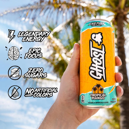 GHOST Tropical Mango Energy Drink — 16 fl oz (473mL) × 12 Cans