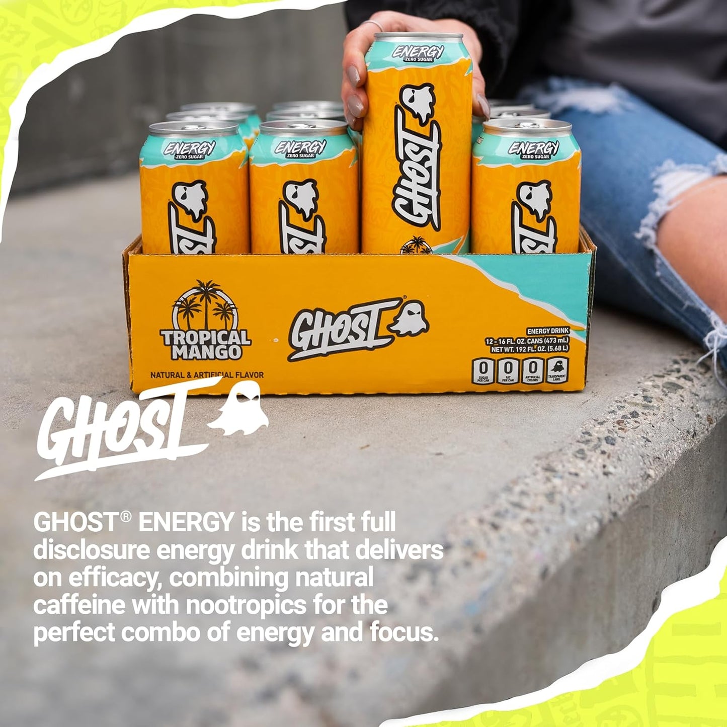 GHOST Tropical Mango Energy Drink — 16 fl oz (473mL) × 12 Cans