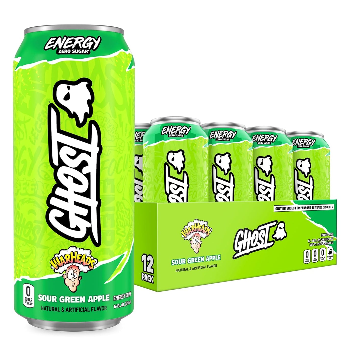 GHOST Warheads Sour Green Apple Energy Drink — 16 fl oz (473mL) × 12 Cans