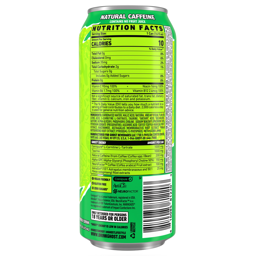 GHOST Warheads Sour Green Apple Energy Drink — 16 fl oz (473mL) × 12 Cans