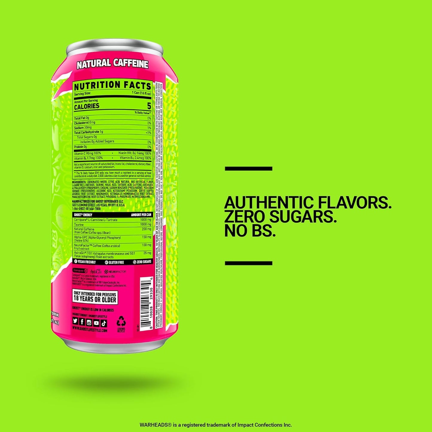 GHOST Warheads Sour Watermelon Energy Drink — 16 fl oz (473mL) × 12 Cans
