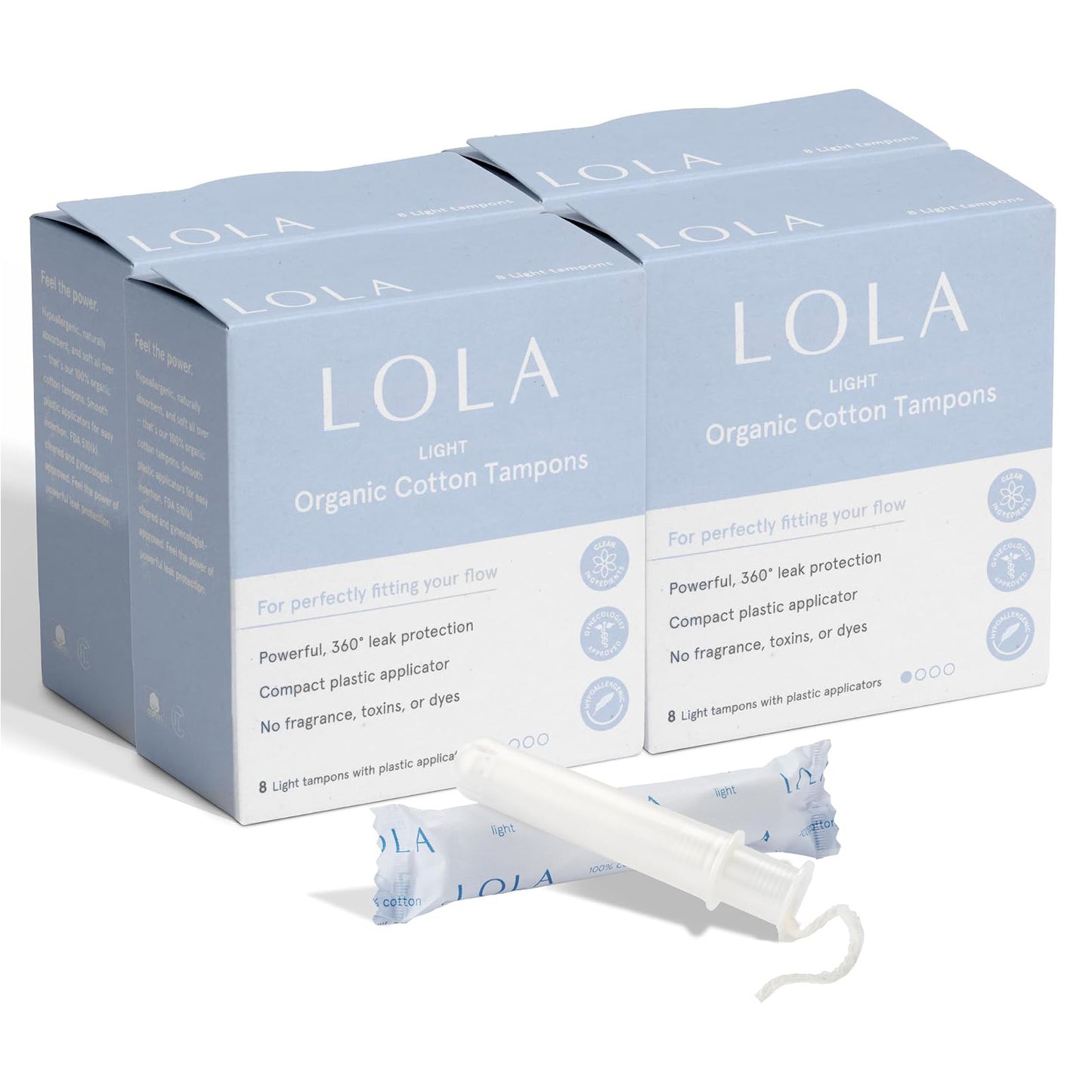 LOLA Organic Cotton Tampons - Light Absorbency - Plastic Applicator - 32 Count