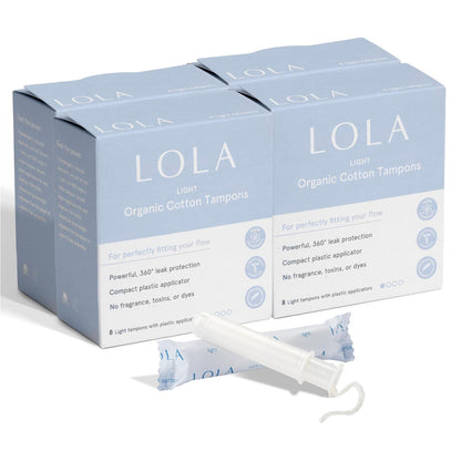 LOLA Organic Cotton Tampons - Light Absorbency - Plastic Applicator - 32 Count