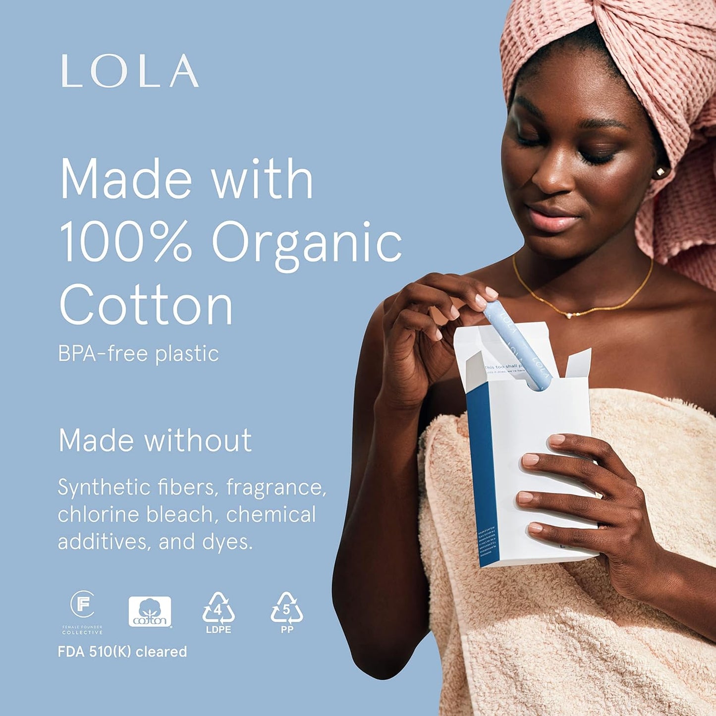 LOLA Organic Cotton Tampons - Regular Absorbency - No Applicator - 32 Count