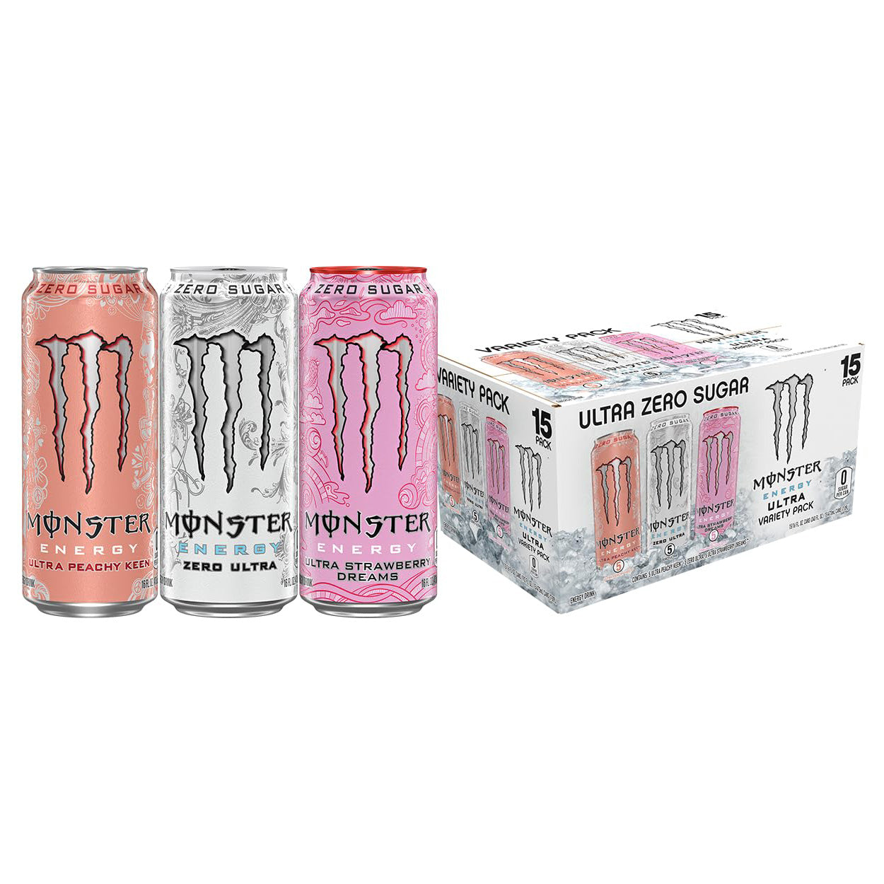 Monster Energy Ultra Variety Pack (Peachy Keen / Zero Ultra / Strawberry Dreams) — 16 fl oz (473mL) × 15 Cans