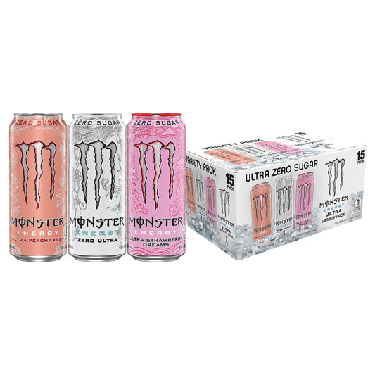 Monster 몬스터 에너지 울트라 버라이어티 팩 (피치 킨 / 제로 울트라 / 스트로베리 드림즈) — 473mL (16 fl oz) × 15캔