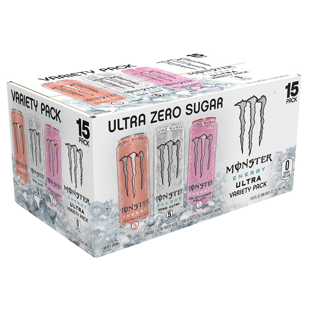 Monster Energy Ultra Variety Pack (Peachy Keen / Zero Ultra / Strawberry Dreams) — 16 fl oz (473mL) × 15 Cans