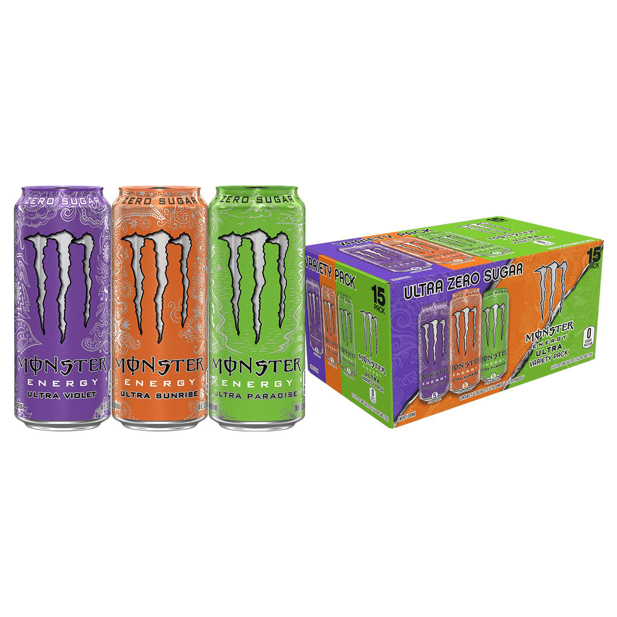 Monster Energy Ultra Variety Pack (Violet / Sunrise / Paradise) — 16 fl oz (473mL) × 15 Cans