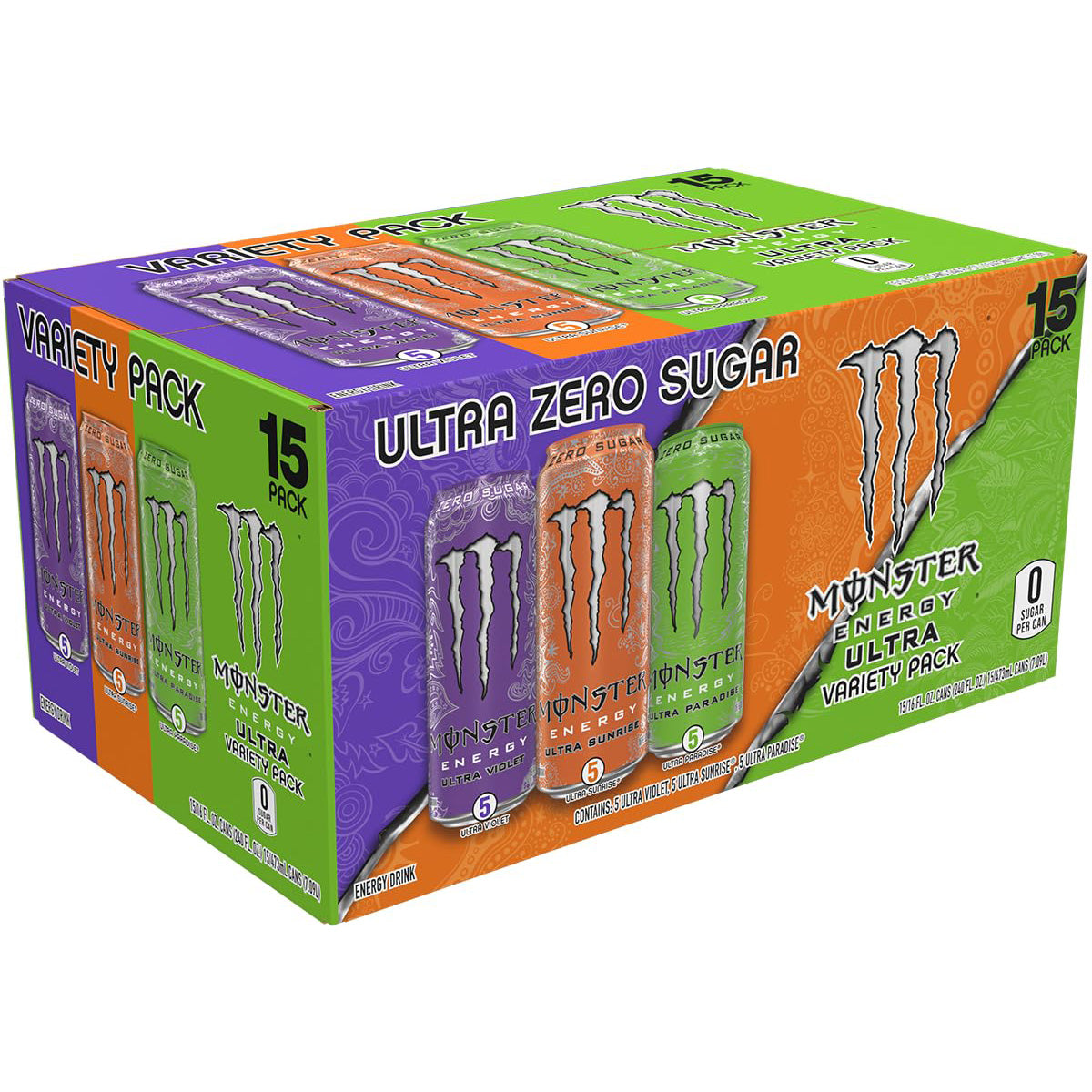Monster Energy Ultra Variety Pack (Violet / Sunrise / Paradise) — 16 fl oz (473mL) × 15 Cans