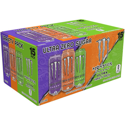 Monster Energy Ultra Variety Pack (Violet / Sunrise / Paradise) — 16 fl oz (473mL) × 15 Cans