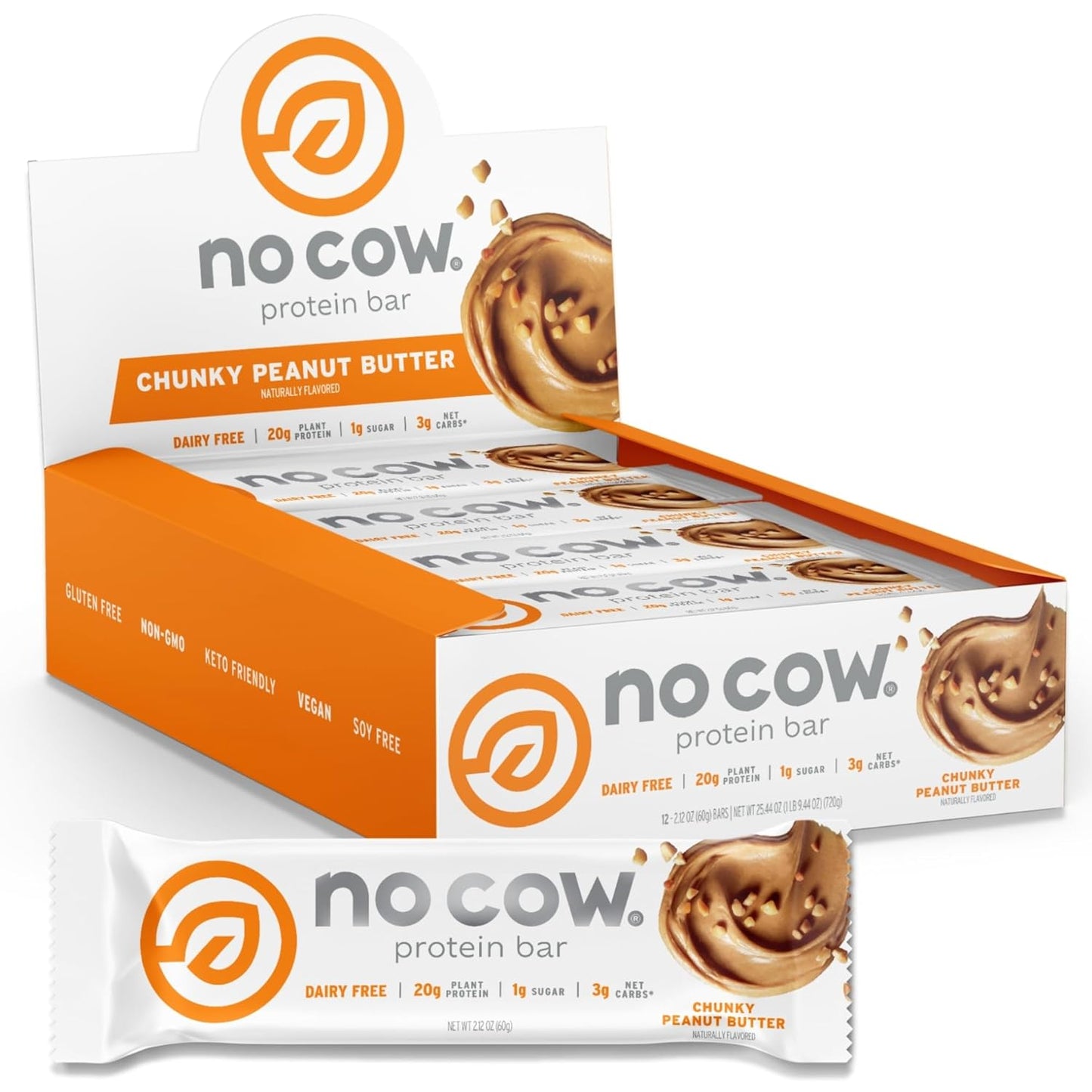 No Cow Vegan Protein Bar — 2.12 oz (60g) × 12 Bars