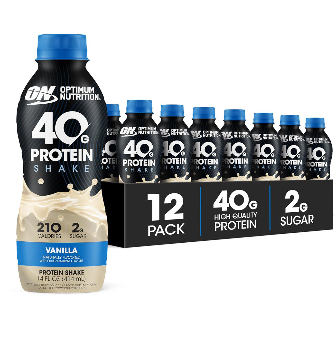 Optimum Nutrition 40g Protein Shake — 14 fl oz (414mL) × 12 Bottles
