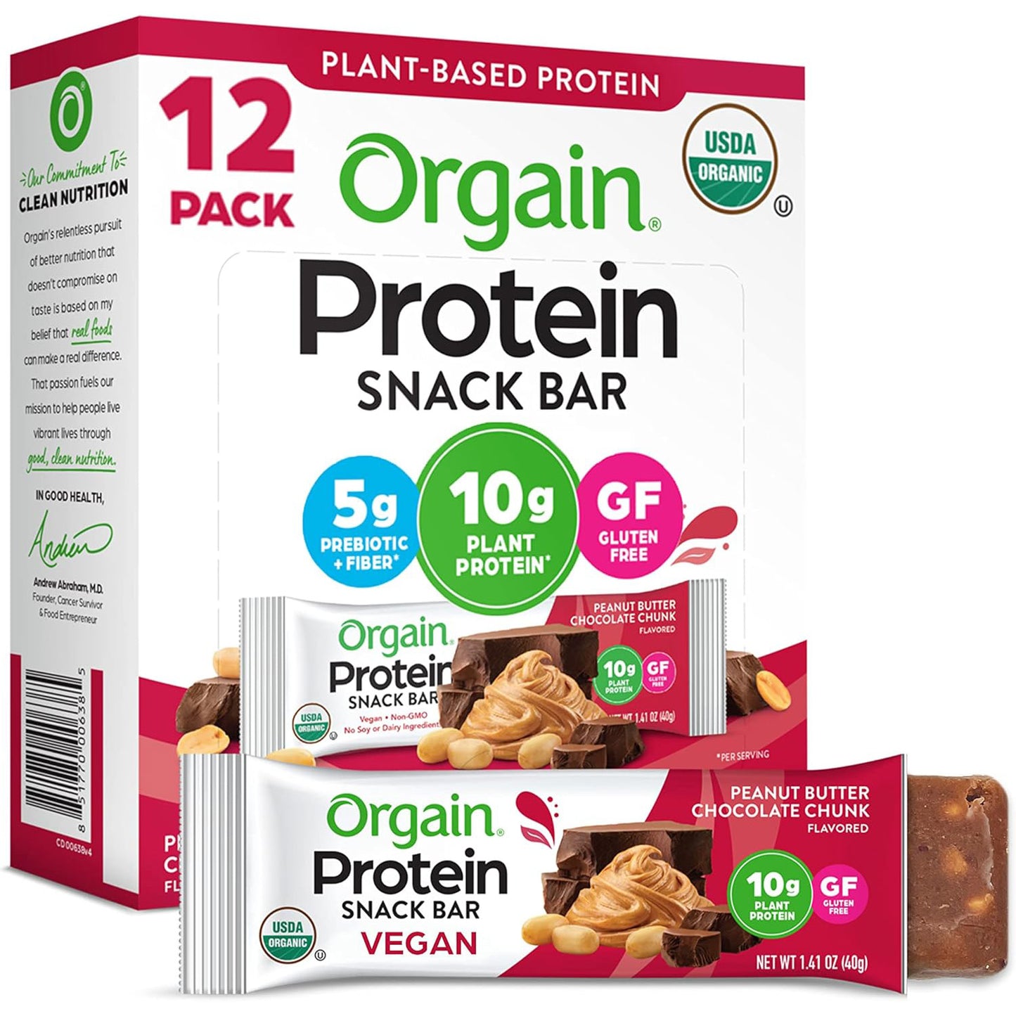 Orgain Organic Vegan Protein Bar — 1.41 oz (40g) × 12 Bars