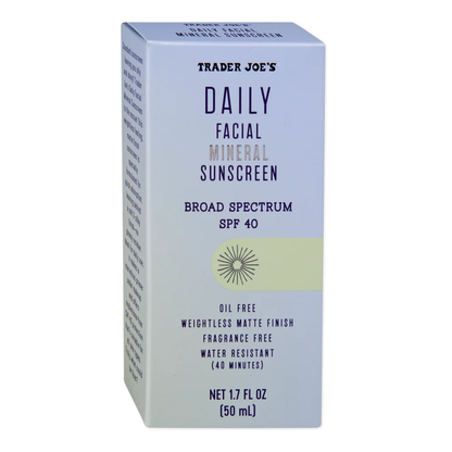 Trader Joe's 트레이더 조 데일리 페이셜 미네랄 선스크린 SPF 40 — 100% 미네랄 징크 (50 mL)