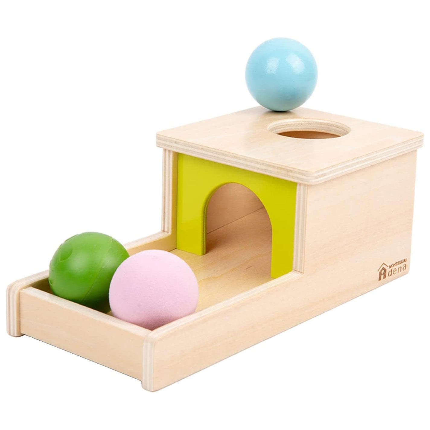 Adena Montessori Object Permanence Box — Wooden Ball Drop with Tray (Ages 6-18 mo)