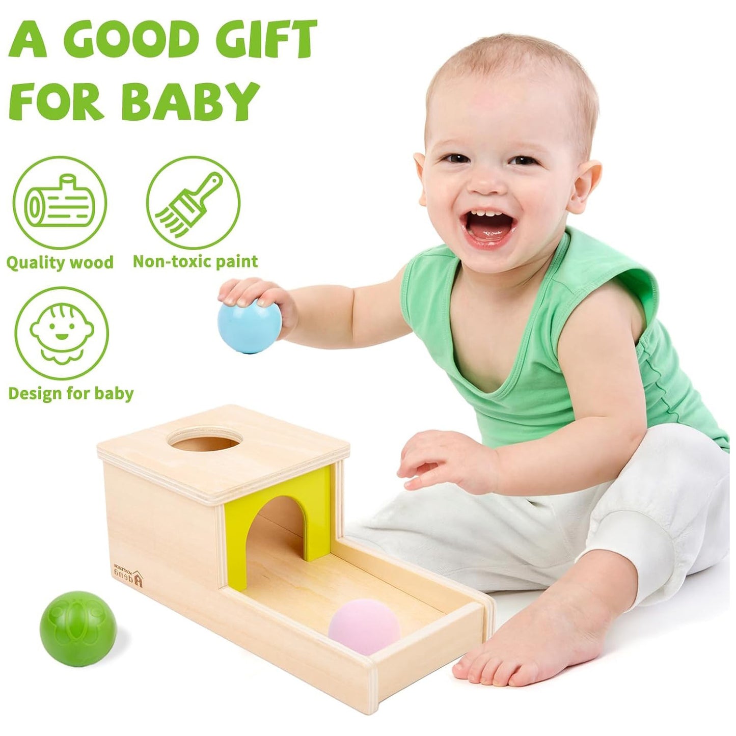Adena Montessori Object Permanence Box — Wooden Ball Drop with Tray (Ages 6-18 mo)