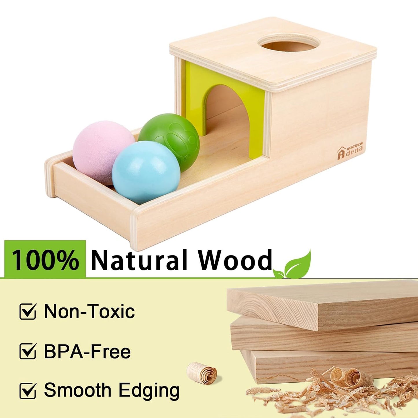 Adena Montessori Object Permanence Box — Wooden Ball Drop with Tray (Ages 6-18 mo)
