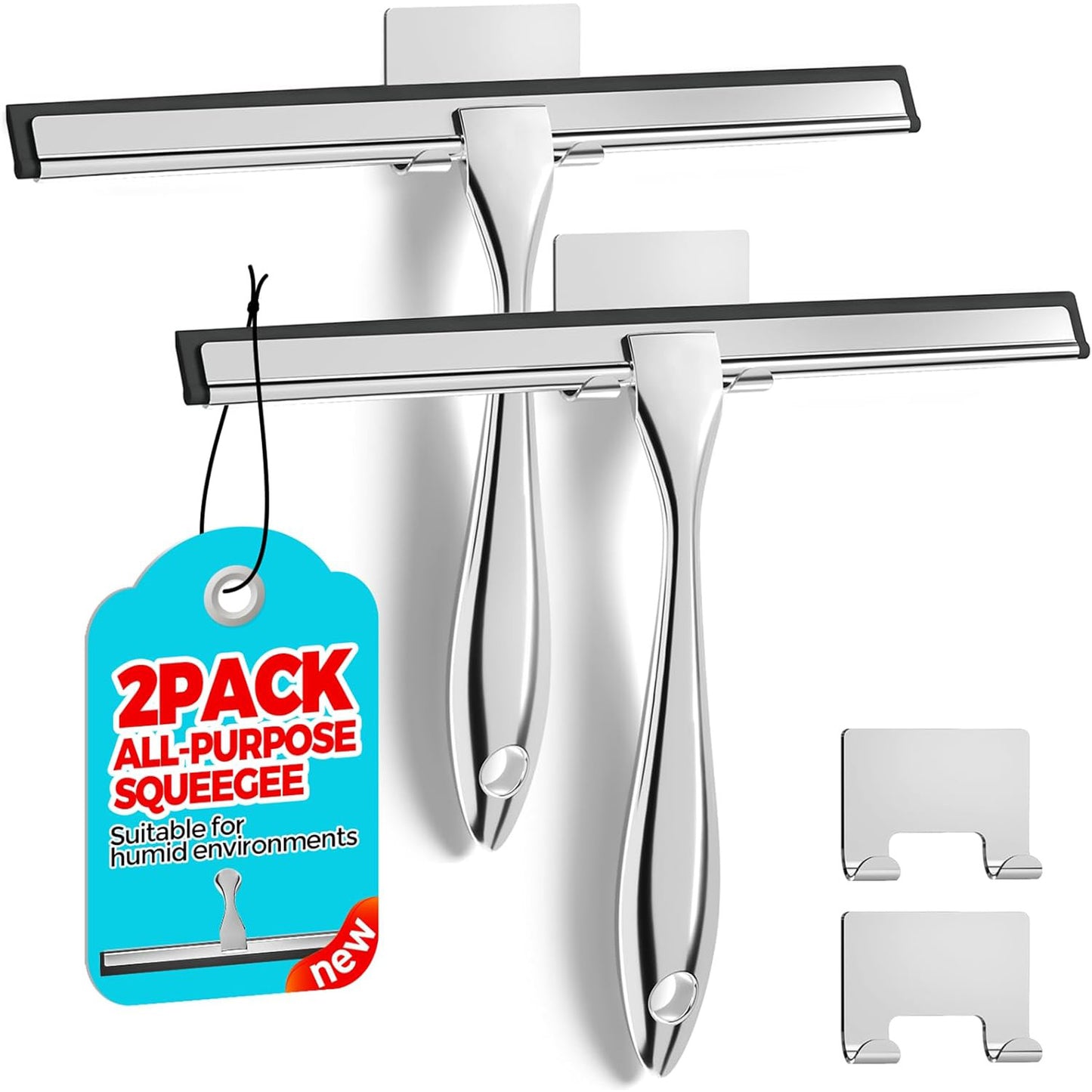 ALFLOD Shower Squeegee for Glass Doors with Adhesive Hook Set - 10 inch - 2 Pieces