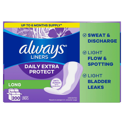 Always Anti-Bunch Xtra Protection Daily Liners - Long - Unscented - 200 Count