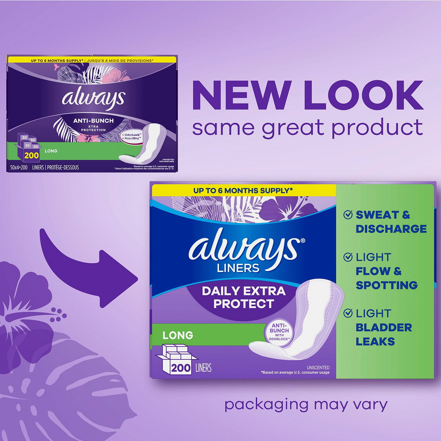Always Anti-Bunch Xtra Protection Daily Liners - Long - Unscented - 200 Count