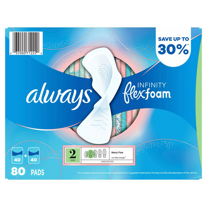 Always Infinity FlexFoam Pads with Flexi-Wings - Size 2 Heavy Flow - Unscented - 80 Count