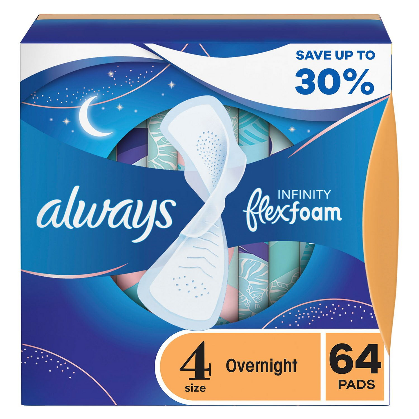 Always Infinity FlexFoam Pads with Wings - Size 4 Overnight - Unscented - 64 Count