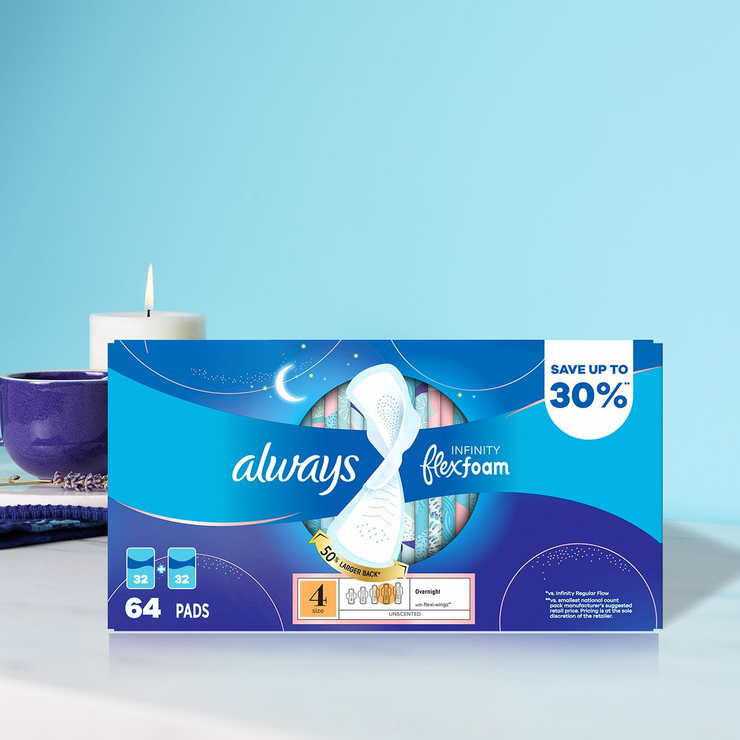 Always Infinity FlexFoam Pads with Wings - Size 4 Overnight - Unscented - 64 Count