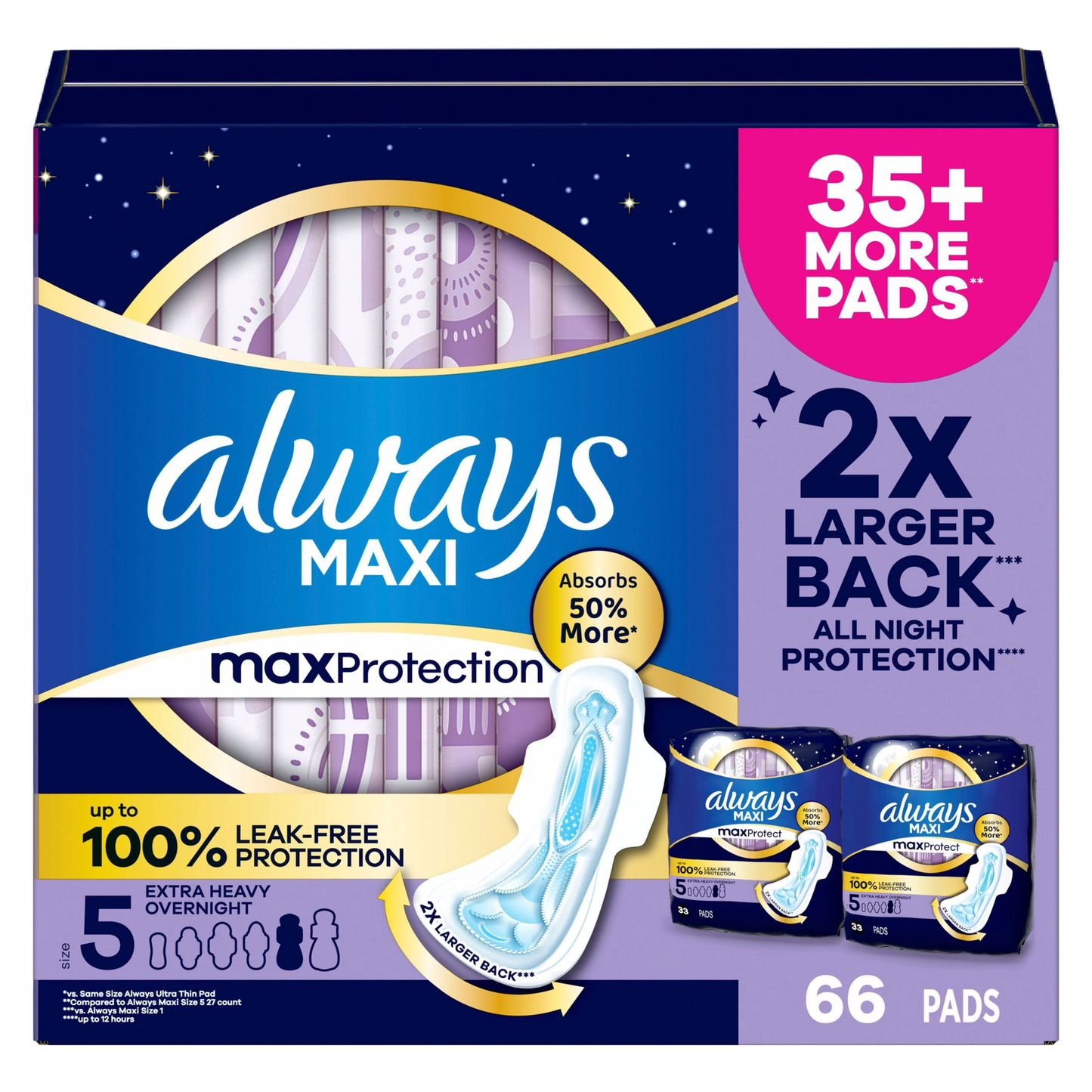 Always Maxi Pads with Wings - Size 5 Extra Heavy Overnight - Unscented - 66 Count