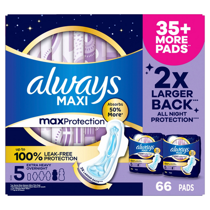 Always Maxi Pads with Wings - Size 5 Extra Heavy Overnight - Unscented - 66 Count