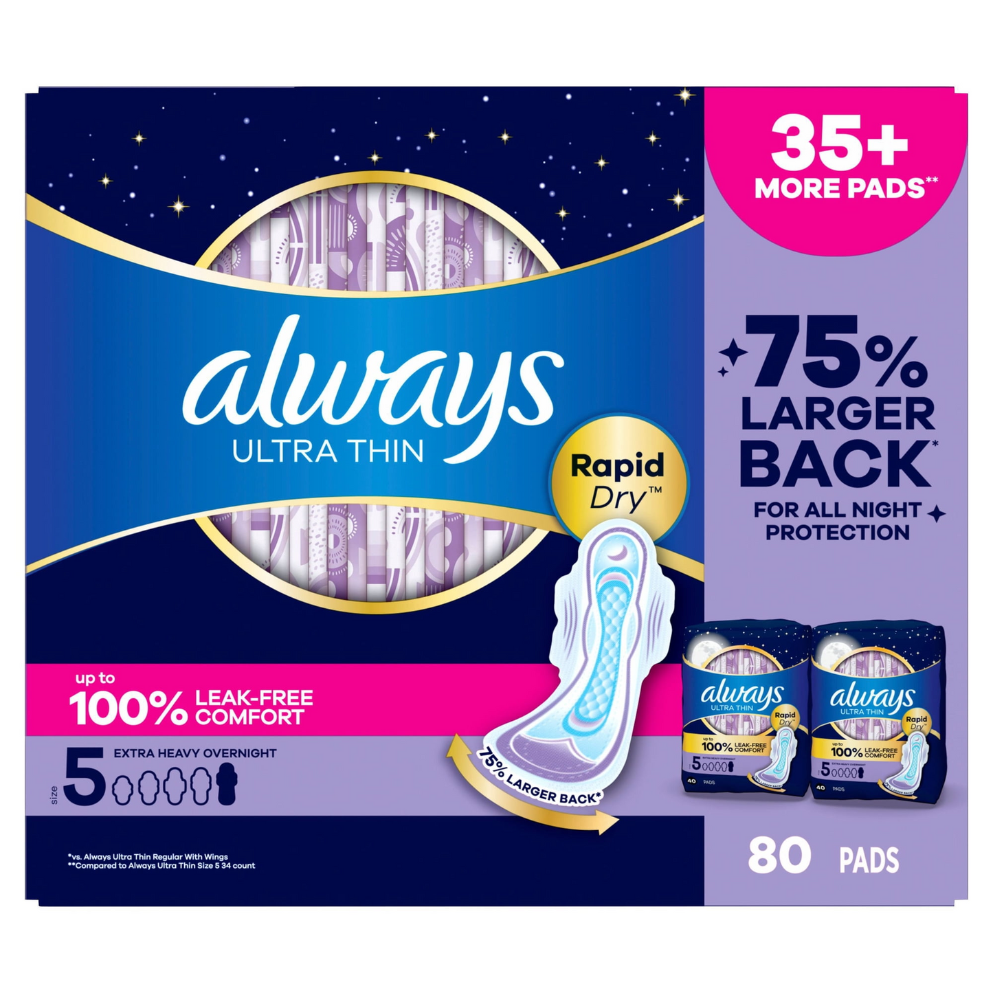 Always Ultra Thin Pads with Wings - Size 5 Extra Heavy Overnight - Unscented - 80 Count