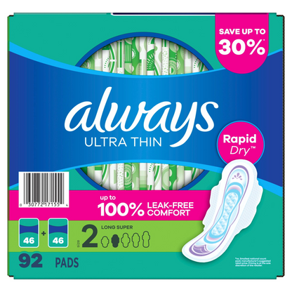 Always 올웨이즈 울트라씬 생리대 - 사이즈 2 롱 슈퍼 (284mm) - 날개형 - 무향 - 92개입