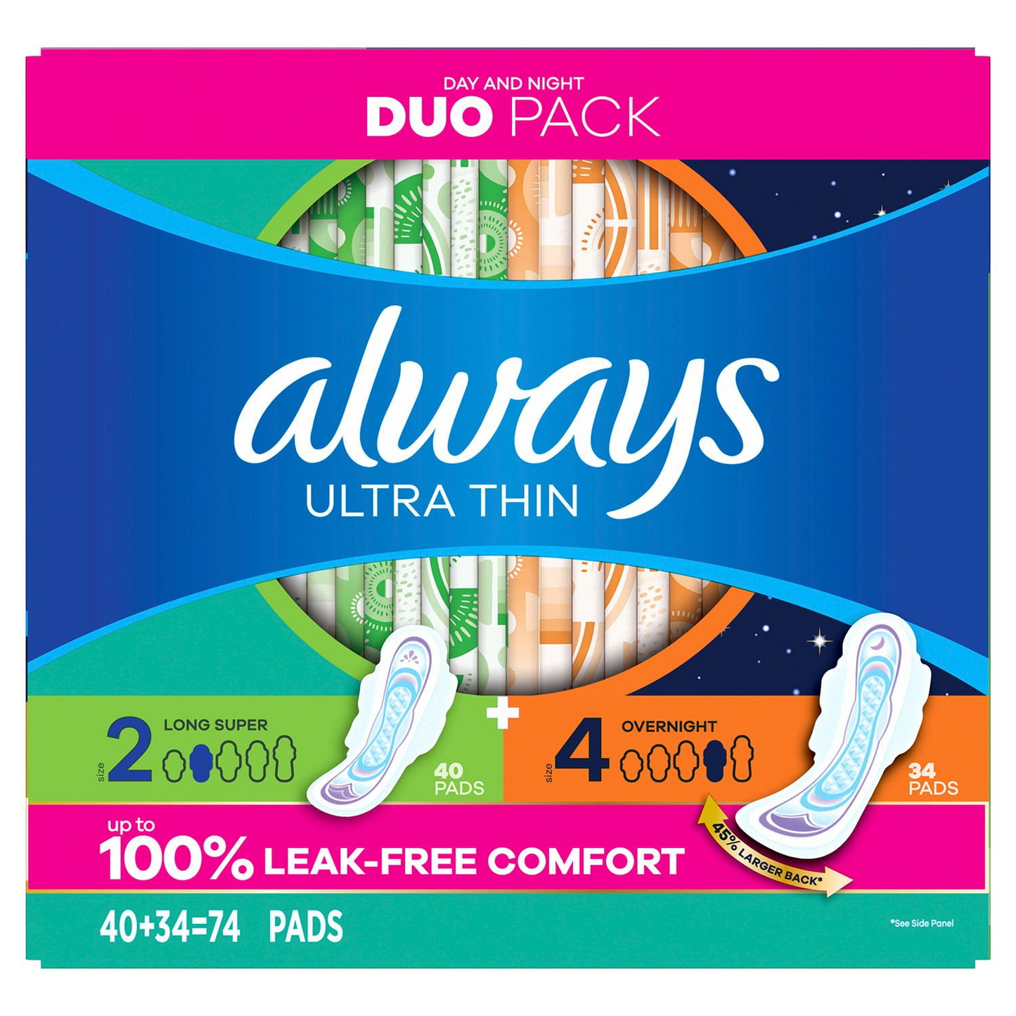 Always 올웨이즈 울트라씬 생리대 - 듀오팩 사이즈 2 (284mm) & 사이즈 4 (317mm) - 날개형 - 무향 - 74개입