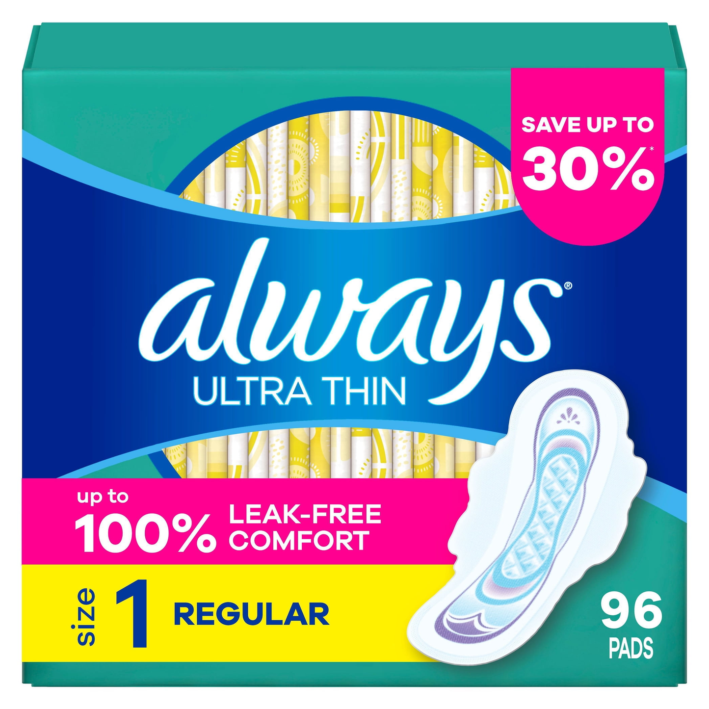 Always Ultra Thin Pads with Wings - Size 1 Regular - Unscented - 96 Count