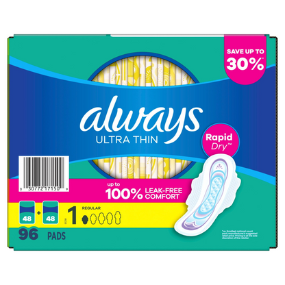 Always Ultra Thin Pads with Wings - Size 1 Regular - Unscented - 96 Count