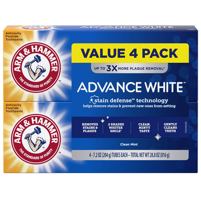 Arm & Hammer 암앤해머 덴탈 케어 어드밴스 화이트 치약 패밀리 4팩 베이킹 소다 미백 제조 방식·프레시 민트 (4 × 7.2oz)