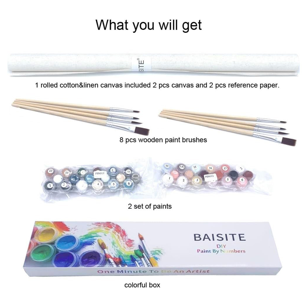 BAISITE 베이사이트 페인트 바이 넘버 어른 초보자용 2팩 선셋 레이크·마운틴스 12×16인치 캔버스 물감·붓 포함