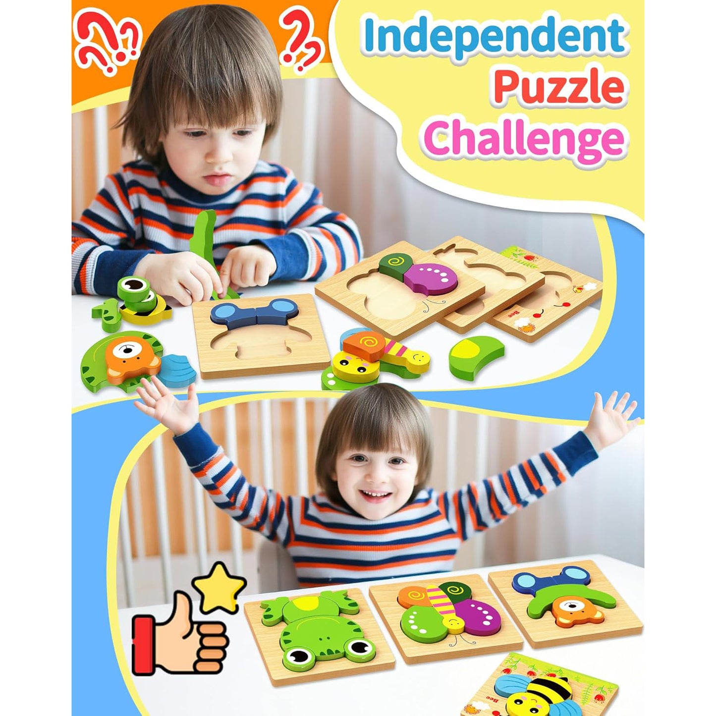Bekayshad Wooden Toddler Puzzles — Chunky Cutout Animal Boards (Ages 1-3)