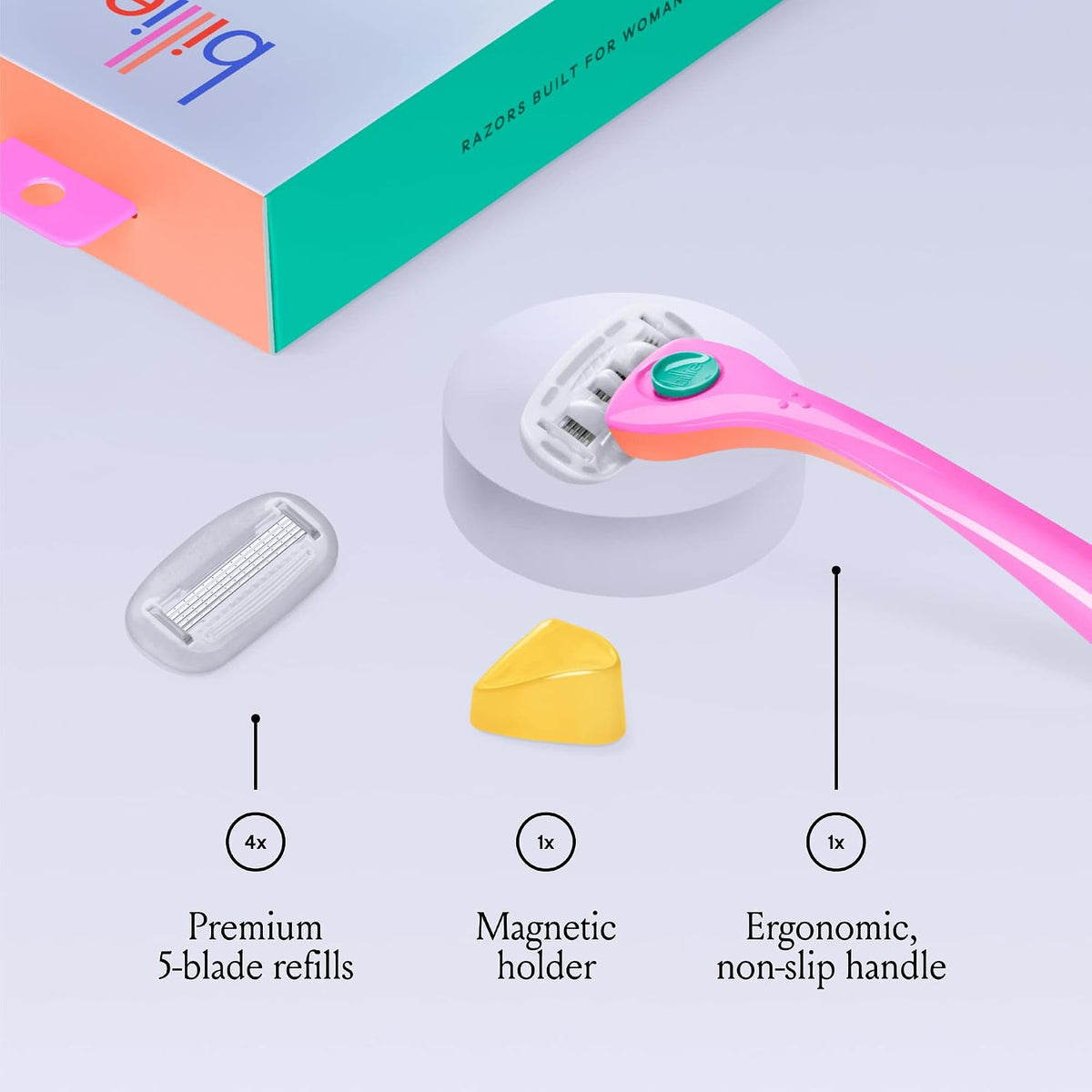 Billie Razor Starter Kit - Handle, 4 Refills & Magnetic Holder