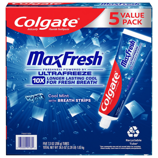 Colgate 콜게이트 맥스프레시 쿨 민트 치약 미니 브레스 스트립 함유 패밀리 5팩 임베디드 브레스 스트립·오래가는 상쾌함 (5 × 6.0oz)