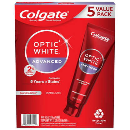 Colgate Optic White Advanced Sparkling White Whitening Toothpaste — Family 5-Pack, Hydrogen Peroxide Formula, Cool Mint (5 × 3.2 oz)