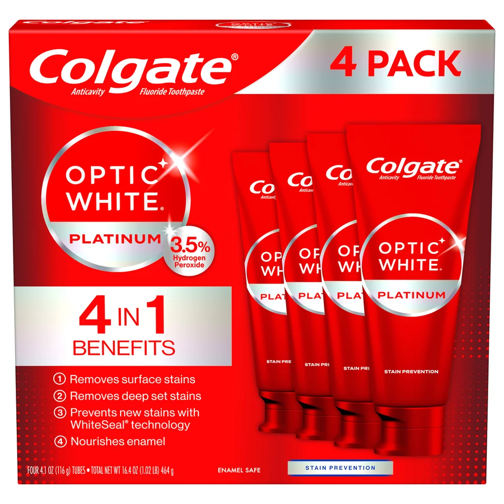 Colgate 콜게이트 옵틱 화이트 플래티넘 미백 치약 패밀리 4팩 과산화수소 제조 방식·10년 착색 제거 (4 × 4.1oz)