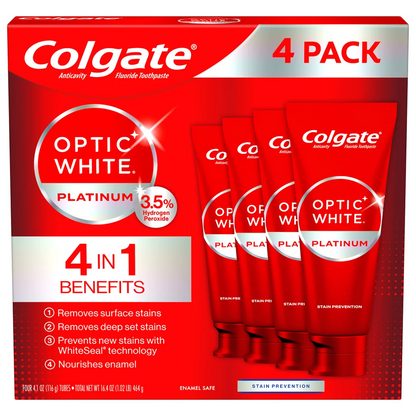 Colgate 콜게이트 옵틱 화이트 플래티넘 미백 치약 패밀리 4팩 과산화수소 제조 방식·10년 착색 제거 (4 × 4.1oz)