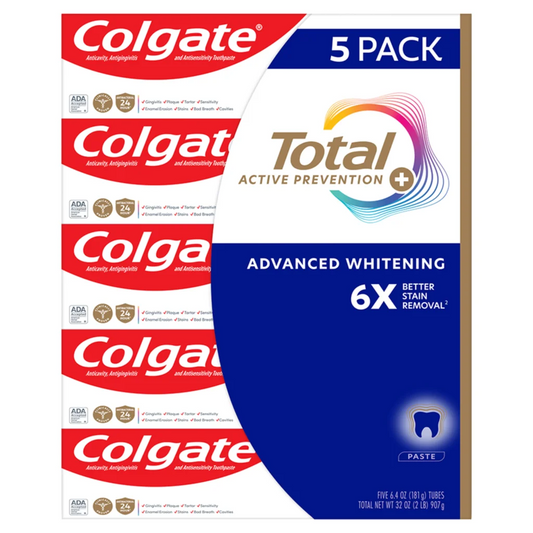 Colgate 콜게이트 토탈 액티브 프리벤션 플러스 어드밴스드 화이트닝 치약 패밀리 5팩 불화제일주석 종합 케어+미백 (5 × 6.4oz)