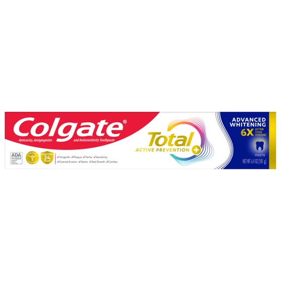 Colgate Total Active Prevention Plus Advanced Whitening Toothpaste — Family 5-Pack, Stannous Fluoride Formula, Comprehensive Care + Whitening (5 × 6.4 oz)