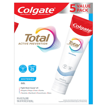 Colgate 콜게이트 토탈 화이트닝 젤 치약 패밀리 5팩 젤 포맷·불화제일주석 (5 × 3.4oz)