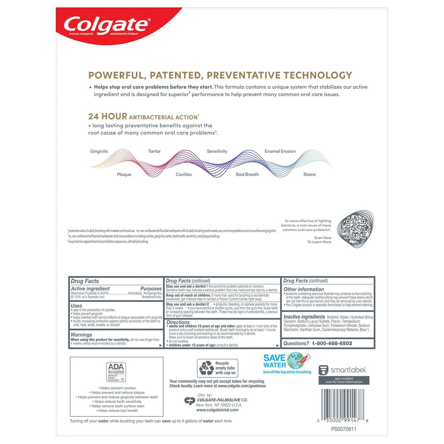 Colgate 콜게이트 토탈 화이트닝 젤 치약 패밀리 5팩 젤 포맷·불화제일주석 (5 × 3.4oz)