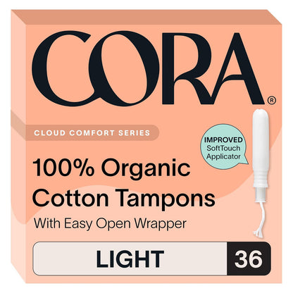 Cora Organic Cotton Tampons - Light Absorbency - Unscented - 36 Count