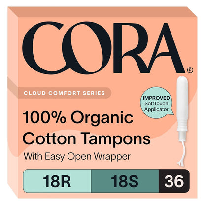 Cora Organic Cotton Tampons - Regular & Super - Unscented - 36 Count
